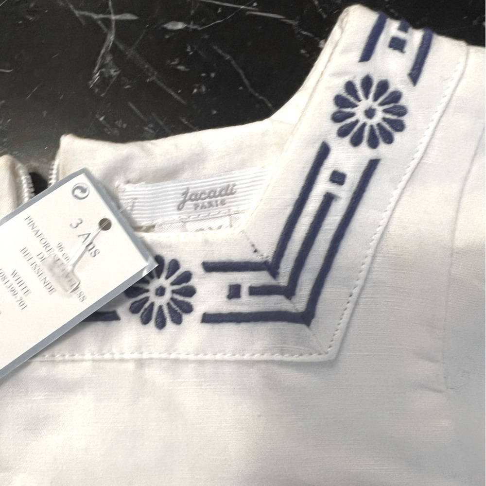 Jacadi white with hand embroidered blue design never worn with tags size 3